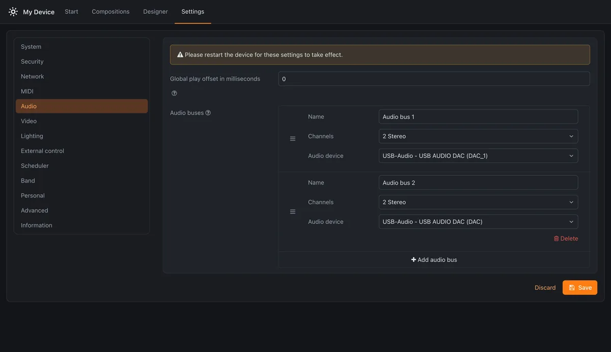 Audio settings in the Rocket Show interface